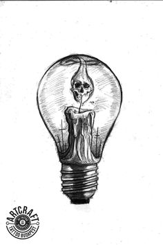 a drawing of a light bulb with a skull inside