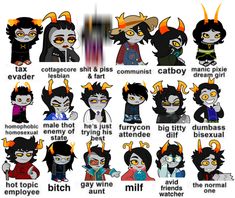 an image of cartoon characters with different expressions on their faces and hair styles, including cats