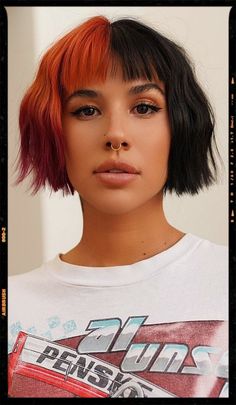 Bob Hair - Split Hair - Short Hair Split Dye Bob With Bangs, Short Edgy Hair With Bangs, Edgy Short Hair With Bangs, Colored Bob With Bangs, Color Block Bob Hair, Unique Bob Haircut, Edgy Bob With Bangs, Dyed Bob Hair, Undercut Bob With Bangs