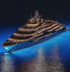 an artist's rendering of a large ship floating in the ocean at night time