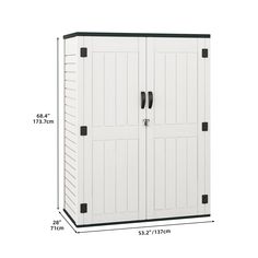 a large white storage cabinet with black handles and doors on the front, measurements for each door