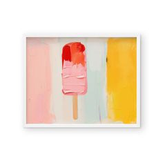 an ice cream popsicle painted in pink, yellow and blue on a white background