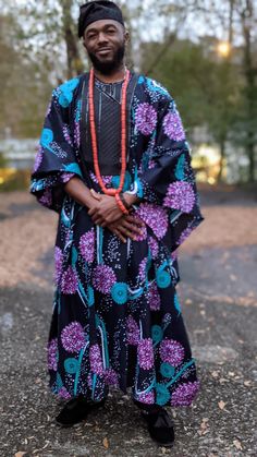 Adetunde Ankara African Print Agbada Set - DP5006GB2 Bishop Collar, Elaborate Embroidery, Beaded Necklace And Bracelet, African Suit, Vibrant Outfits, Necklace And Bracelet, Slim Fit Pants, African Print, African Fashion