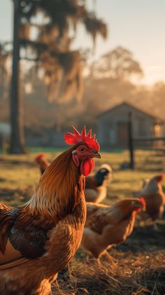 a group of chickens standing on top of a grass covered field