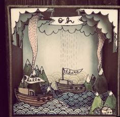 a card with an image of two boats on the water and trees in the background