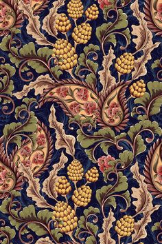 an intricately designed wallpaper with grapes and leaves on it's side, in blue