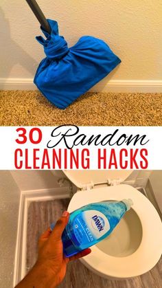 a person is cleaning a toilet with a blue cloth on the seat and in front of it