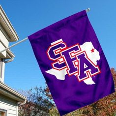 a purple and white flag with the word state on it in front of a house