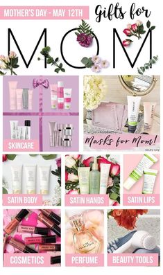 mother's day gift guide for mom with flowers and cosmetics on the bottom, pink background