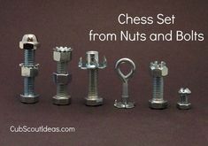 an assortment of nuts and bolts are shown in this image with the words chess set from nuts and bolts