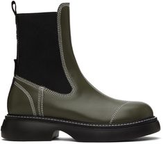 Calf-high buffed faux-leather Chelsea boots in green. · Elasticized gusset at sides · Pull-loop at heel collar and counter · Logo-bonded webbing trim at heel · Faux-leather lining · Topstitching at welt · Logo embossed at treaded EVA rubber sole · Contrast stitching in white Supplier color: Kalamata Ganni Low Chelsea Boots, Coppenhagen Boots, Chealsea Boots, White Chelsea Boots, Styling Chelsea Boots, Chelsea Boots Women, Black Chelsea Boots, Leather Chelsea Boots, Rubber Boots