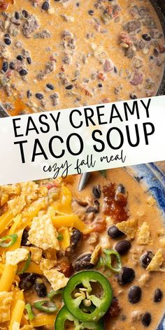 a bowl of easy creamy taco soup with black beans and cheese