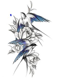 a tattoo design with flowers and birds on it