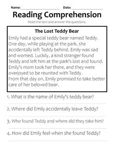 the lost teddy bear reading worksheet for grade 1 and 2 students with answers