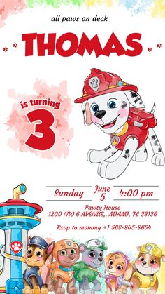 a birthday party flyer for thomas the fire dog