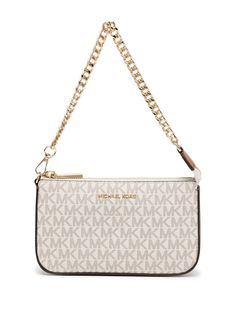 Beige leather Jet Set leather pouchette from MICHAEL MICHAEL KORS featuring monogram pattern, gold-tone logo plaque, top zip fastening and chain-link shoulder strap. Micheal Kor Handbags, Vanilla Michael Kors Purse, Michael Kors Jet Set Charm Small Logo Shoulder Bag, Michele Kors Bags, Michael Corse Bags, Purses For School, Michael Kors Bag Outfit, Michael Kors Mini Bag, Sac Michael Kors