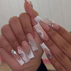 Color Tone: Mixed Color System Nail Shape: Square Shape Nail Length: Long Nail Pattern: Flower,Heart Nail Finishes: Glossy Latina Nails, Fake Nails White, Silver Nail Designs, Manikur Kuku, Girly Acrylic, Long Press On Nails, Easy Nails, Silver Nail, Nagel Tips