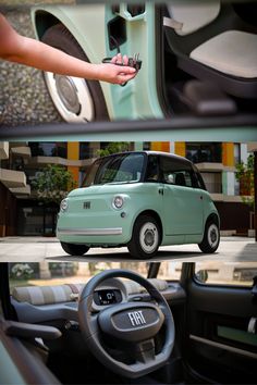 a small green car is shown in three different pictures, with the driver's hand on the steering wheel