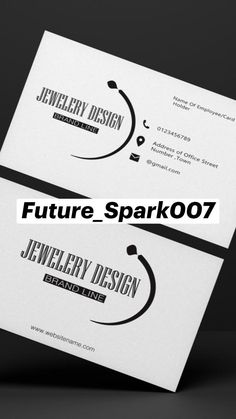 two business cards with black and white designs on the front, one is for jewelry design