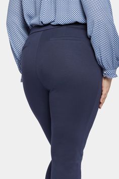 Head-to-toe flawless style is easier than it sounds. A pair of NYDJ's Slim Trouser Pants in Plus Size in soft, comfortable ponte knit is all you need to elevate your desk-to-dinner look. This exceptionally elongating, super-slimming style features a front pleat detail. Enhance your assets and streamline your silhouette with our signature Lift Tuck® Technology, which flattens and flatters using a proprietary slimming panel with a patented criss-cross design. Features back welt pockets and zip fly with hook closure. | NYDJ Women's Slim Trouser Pants In Plus Size in Oxford Navy, Size: 14W Chic Elastane Pull-on Dress Pants, Business Casual Pull-on Elastane Dress Pants, Elastane Tapered Leg Pull-on Dress Pants, Fitted Elastane Pull-on Dress Pants, Classic Stretch Elastane Bottoms, Classic Stretch Elastane Dress Pants, Classic Elastane Bottoms, High-waisted Elastane Dress Pants With Pull-on Style, Classic Fitted Pull-on Dress Pants