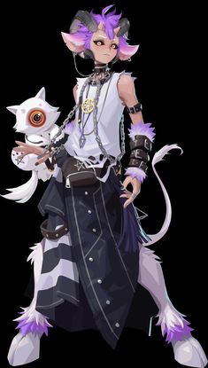 an anime character with purple hair holding a white cat