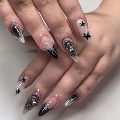 Rockstar Nails Aesthetic, Black Nail Inspo 2024, Black Inspired Nails, Black Inspo Nails, Nail Art On Black Nails, Black White Nails Designs, Rockstar Nails Acrylic, Nail Inspo Black And White, Black Nails Cute