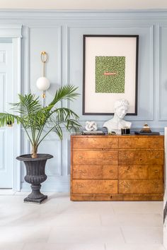 a living room with blue walls and a plant on top of a wooden dresser next to a potted plant