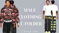 two men wearing matching clothing with the words male clothing ccfodderr on them