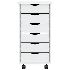 a white dresser with four drawers and wheels on the bottom shelf, in front of a white background