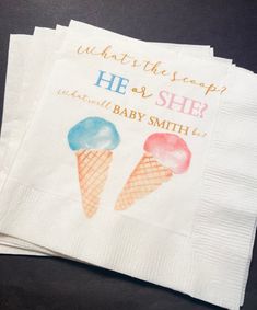 three napkins with ice cream on them are sitting next to each other and the words, what's the scoop? he or she?