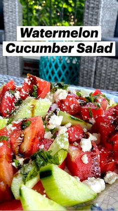 watermelon cucumber salad with feta cheese and mint