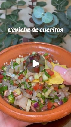 a person is holding a bowl filled with vegetables and tortilla chips in it