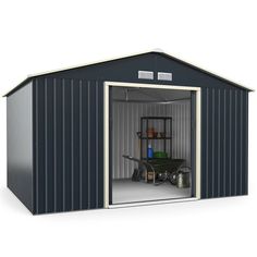 a metal shed with the door open and shelves on it, next to a wheelbarrow