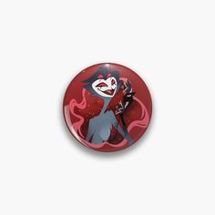 a red button with a cartoon character holding a knife in it's right hand