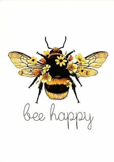 a bee with flowers on its chest and the words bee happy