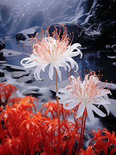 two large white flowers sitting next to each other