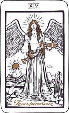 the angel tarot card with an image of a woman holding her hands out in front of