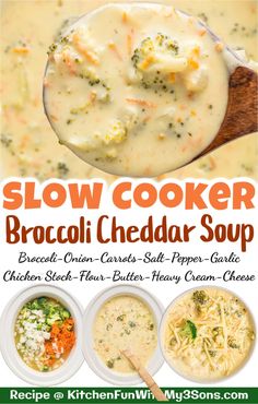 broccoli cheddar soup recipe is shown in this poster