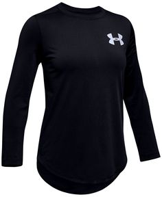 a women's black shirt with the under armour logo on it