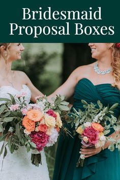 two bridesmaids holding bouquets with the words how a bridesmaid can help the bride pick a dress