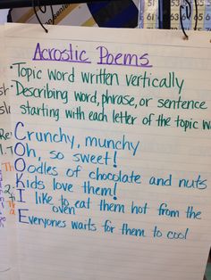 a sign with writing on it that says acrostic poem's top word written vertically describing words, phrases, or sentences