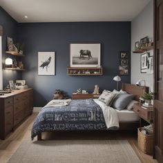 a bedroom with dark blue walls and wooden furniture in the corner, along with pictures on the wall