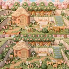 an illustrated drawing of a garden with flowers, trees and houses on it's sides