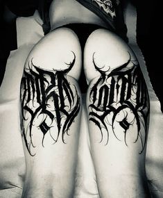 dark lettering, bold tattoos Emo Thigh Tattoo, Under Buttcheek Tattoo Women Words, Bold Letter Tattoo, Bold Black Tattoos, Buttock Tattoo For Women, Dark Calligraphy Tattoo, Made In Hell Tattoo, Dark Lettering Tattoo, 666 Tattoo