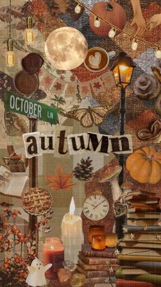 an altered collage of autumn items and candles