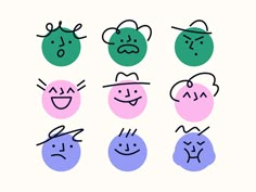 six different faces drawn in various colors and shapes, each with an individual's face