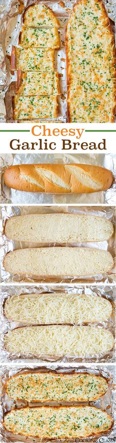 the process of making garlic bread is shown in three different stages, including baking and cooking