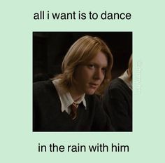 a woman with blonde hair wearing a sweater and tie in front of a green background that says, all i want is to dance in the rain with him