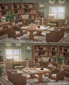 there are two pictures of a living room with furniture and bookshelves in it