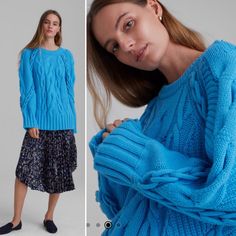 Go Big. No One Can Resist The Chunkiest Of Knit Sweaters, Made Even Better With Over Sized Cables And Wide Rib-Knit Details. This New With Tags Chunky Blue Sweater Will Be Your Go-To For Stylish Days And Lazy Ones Alike. The Blue Is So Bright And Fresh! Features: 60% Cotton; 30% Nylon; 10% Wool Relaxed Fit Approximately 27.5” In Length From Shoulder To Bottom Hem And P2p Is Approximately 22” Laying Flat Crewneck; Cable-Knit Body; Wide Rib-Knit Trim At Neckline, Cuffs, And Hem; Bell Sleeves New W Blue Knitted Sweater With Relaxed Fit, Blue Cable Knit Long Sleeve Sweater, Blue Cable Knit Outerwear For Fall, Blue Long Sleeve Cable Knit Sweater, Blue Chunky Knit Long Sleeve Sweater, Spring Blue Chunky Knit Outerwear, Blue Chunky Knit Long Sleeve Outerwear, Blue Chunky Knit Outerwear, Blue Long Sleeve Chunky Knit Outerwear